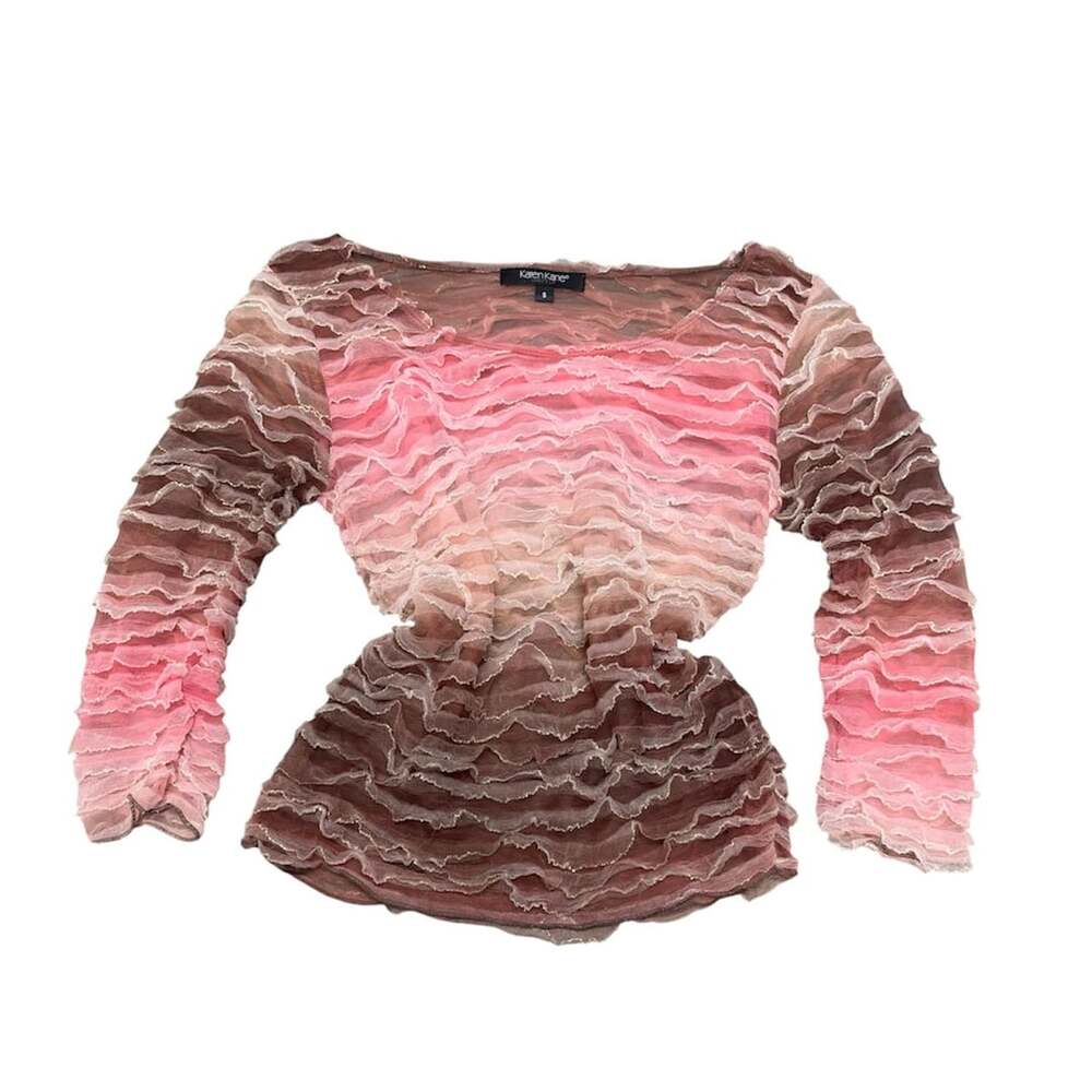 Y2K vintage Karen Kane Top Size S Pink Brown Sheer Ruffle Long Sleeve